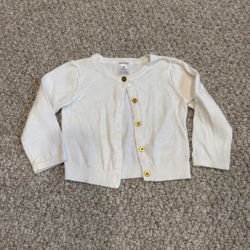 Carters Baby Girl White Knit Cardigan Sweater Gold Buttons Size 9 Months